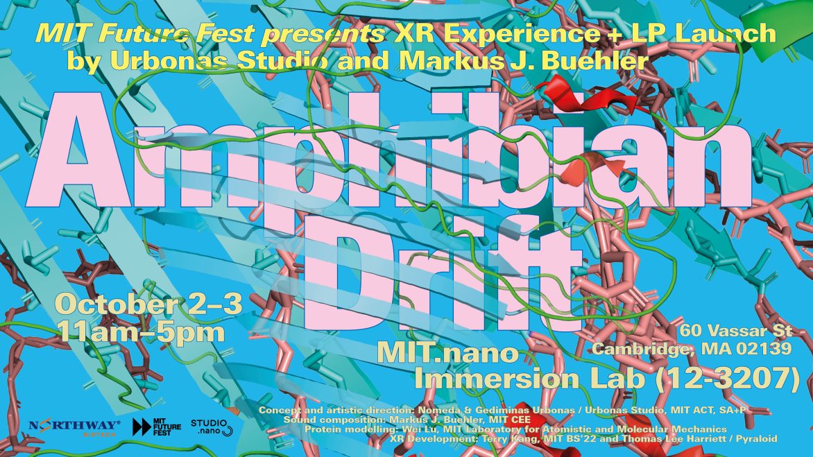 Poster Design: Nomeda & Gediminas Urbonas and Markus J. Buehler. Amphibian Drift. XR Experience + LP Launch. MIT Future Fest, 2026.